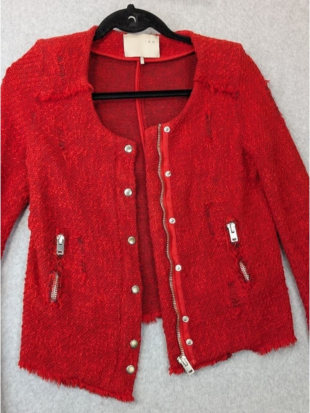 IRO Jacket Womens SZ1 Small Red Agnette Distressed Boucle Zipper Fringe Pocket